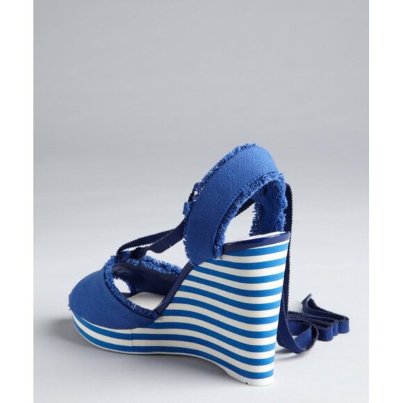 PRADA SPORT SHOES STRIPED WEDGE BLUE CANVAS ANKLE WRAP SANDALS sz 40 / 10 - Picture 3 of 13